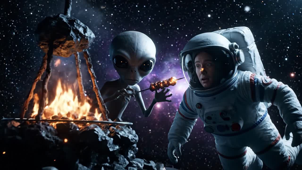 En alien og en astronaut griller i rummet