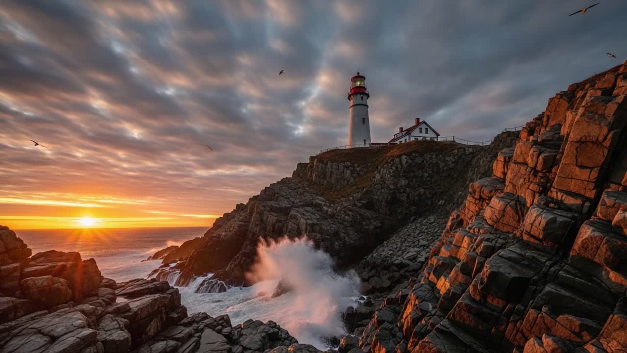 A Majestic Lighthouse Standing Strong Against Rugged Cliffs, Overlooking Waves and a Colorful Sunset, Captured in Two Beautiful Frames During Dusk
