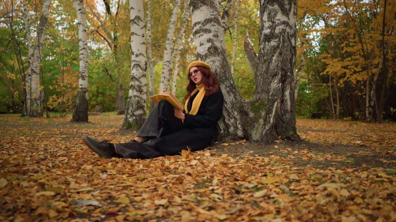 외로움 속에 있는 여인은 나무에 기대어 책 읽으며, 평온한 가을 공원에서, 황금 잎으로 둘러싸여, 자연의 평온을 즐기며, 깊은 상 속에 빠져 있다.
