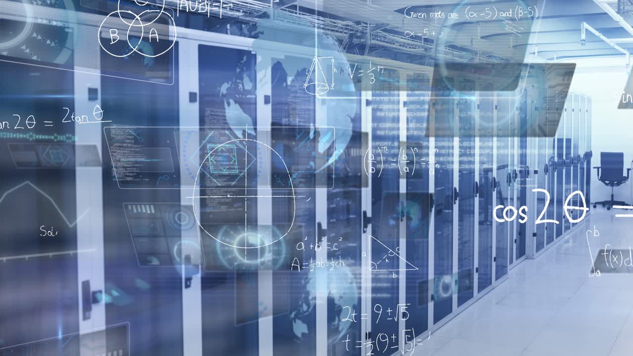 Animation of statistical data processing and mathematical equations against computer server room