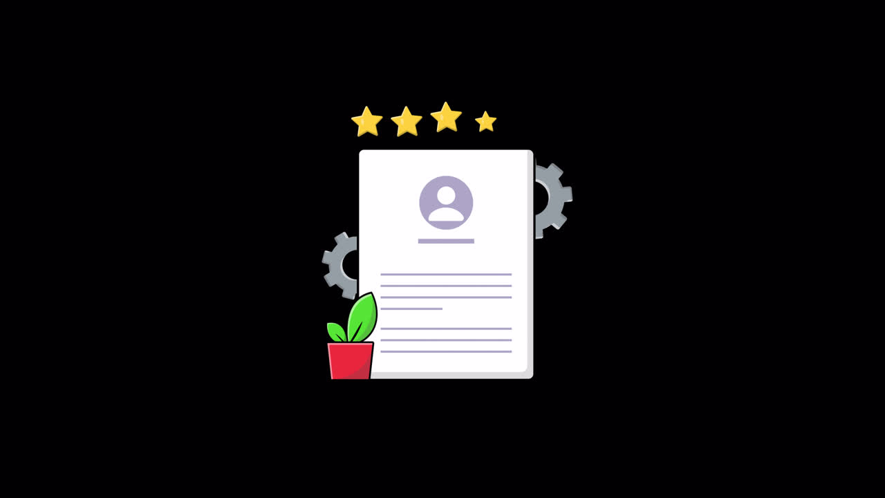Animated Illustration of User Profile Document with Gears and Rating Stars