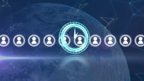 animation of clock moving over icons, connections and globe on navy background