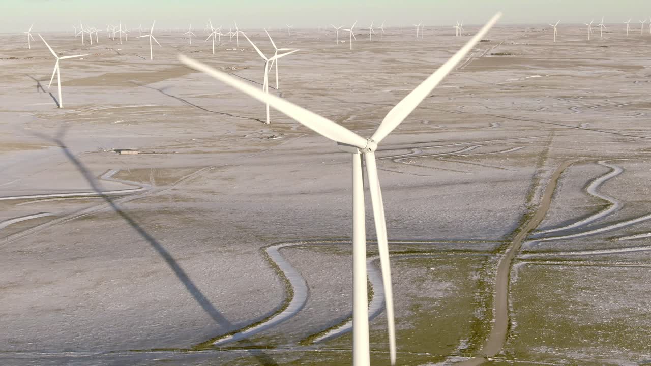 Aerial shots of wind turbines on a cold winter afternoon in Calhan, Colorado