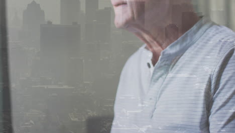 in cityscape background, elderly man posing thoughtfully with animation in mind