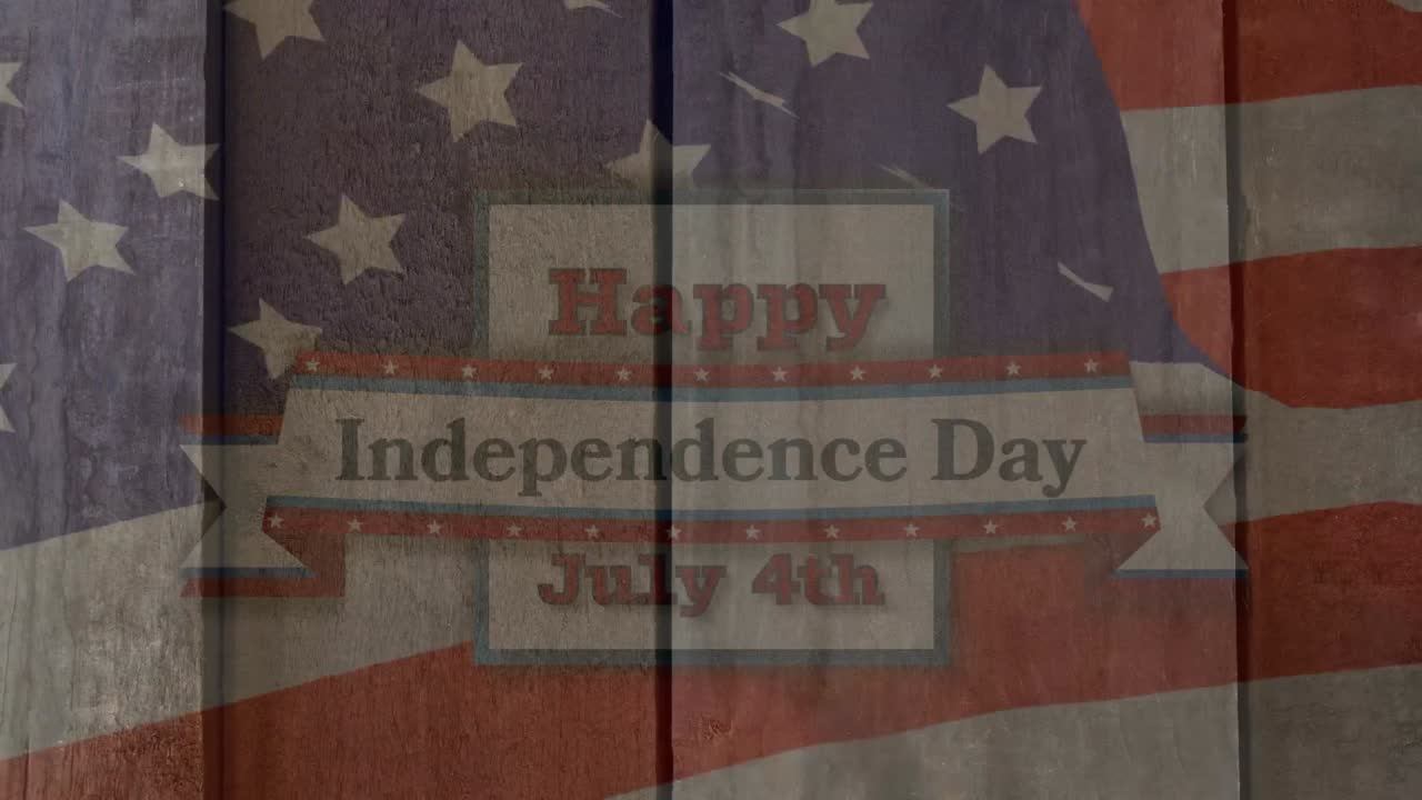 animación de formas rosadas sobre el texto del feliz día de la independencia y la bandera de américa