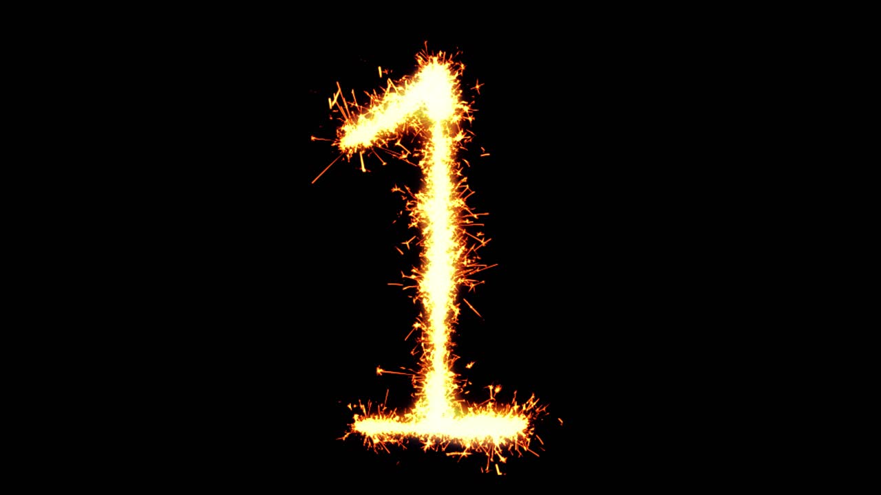 Number 1text sparkler writing with glitter sparks particles firework on black 4k loop background