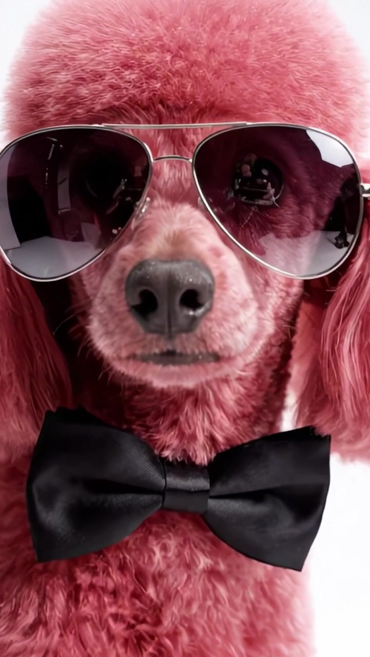 Affascinante Barboncino Rosa Vestito per Impressionare con Occhiali da Sole e Papillon, Mettendo in Mostra un'Esperienza Divertente ed Elegante per Animali Domestici con Dolcezza e Personalità Ineguagliabili