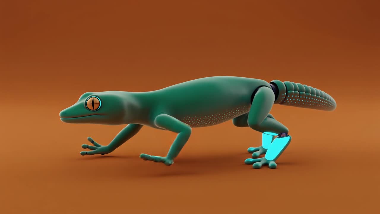 Gecko Robótico 3D Animado com Pernas Brilhantes Caminhando