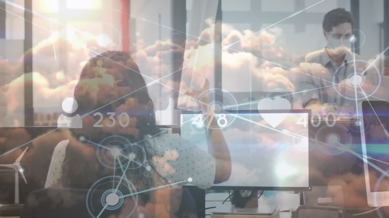 카우카스 남녀 동료를 통해 네트워크의 애니메이션 사무실과 클라우드에서 계획을 통과