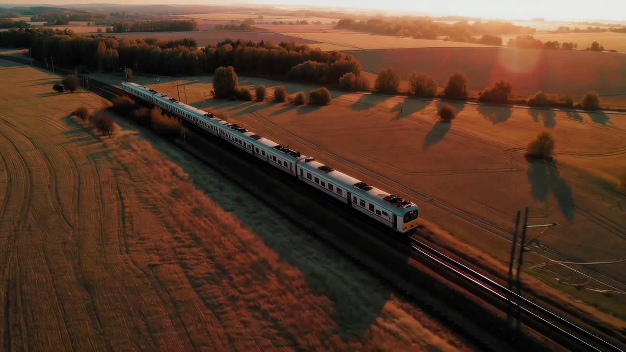 Train Journey Through Golden Fields at Sunset