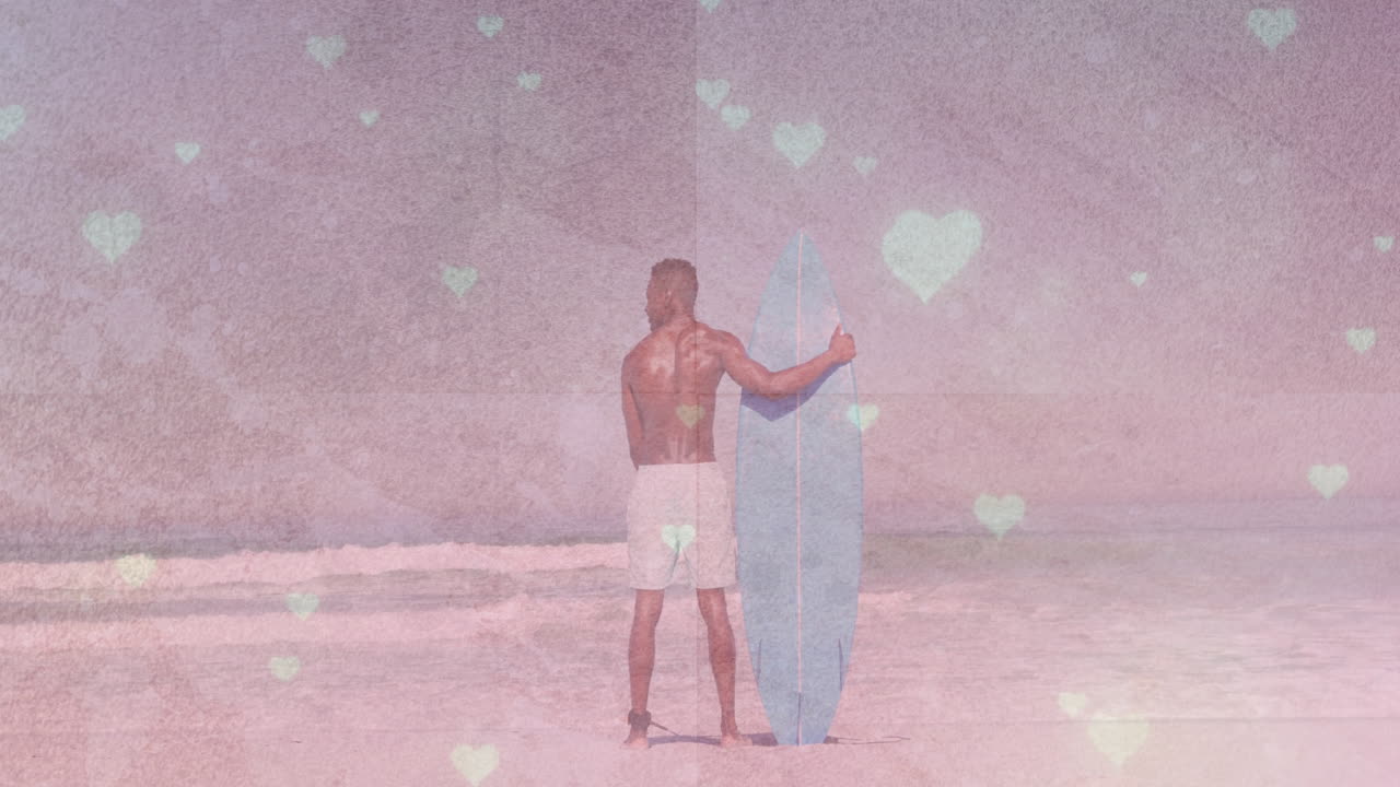 Surfer holding blue surfboard on sandy beach, featuring pastel hearts overlay for health marketing