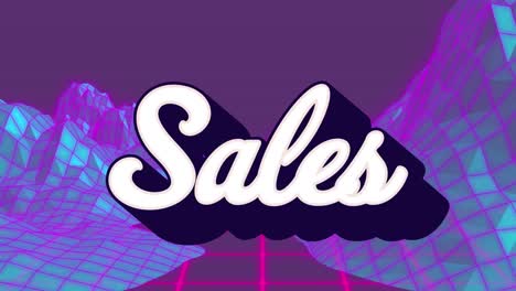 animation of sales text over digital mountains on purple background