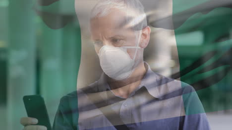 animación de la bandera de nigeria ondeando sobre un hombre caucásico con máscara facial en la calle de la ciudad