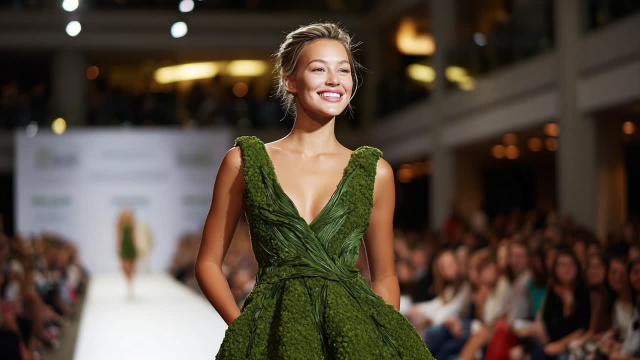 Una modella sicura di sé sfila sulla passerella con un meraviglioso abito verde, circondata da un pubblico rapito durante una sfilata di moda