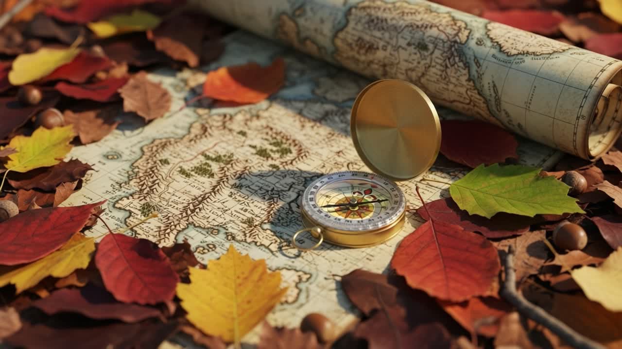 An Enchanting Display of Nature's Beauty: A Compass on an Antique Map Surrounded by Vibrant Autumn Leaves, Invoking Wanderlust and Exploration