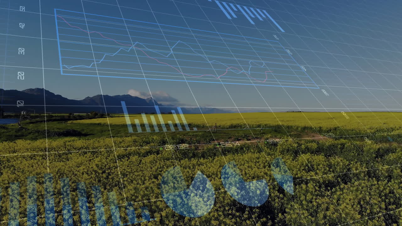 Animating graph and data visualization over scenic landscape with mountains and fields