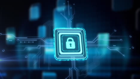 animación del procesamiento de datos con candado de seguridad en línea sobre una placa de circuitos informáticos