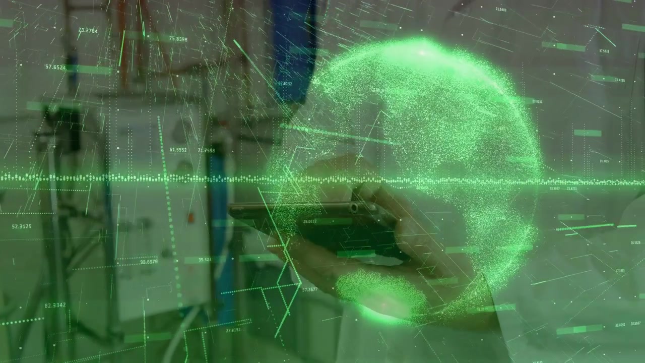Technician manipulating tablet activating hologram sphere and waveform while monitoring lab systems