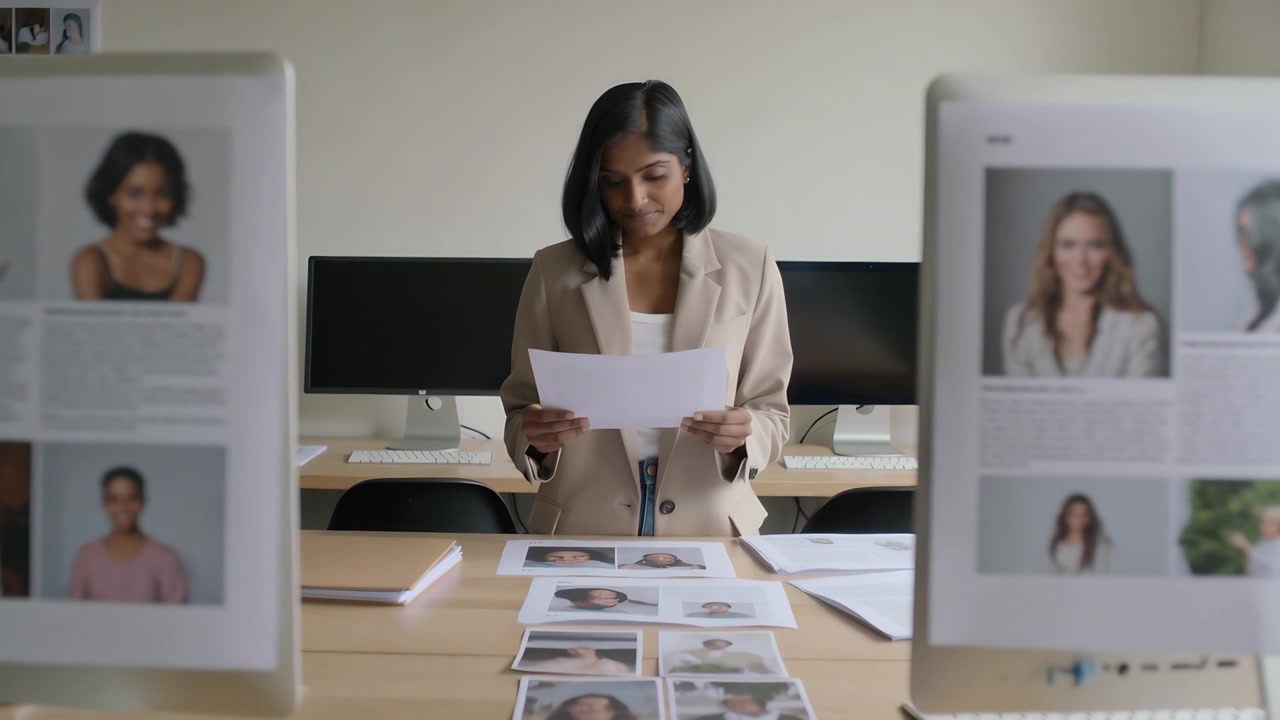 Mulher de blazer bege recolhendo impressões, analisando retratos em uma mesa de escritório, organizando folhas selecionadas.