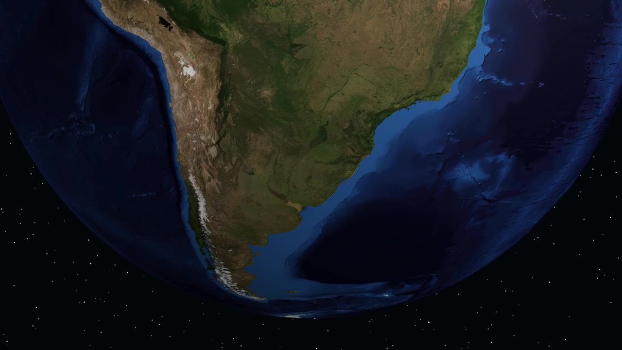 A rotating globe zooms into South America, pinpointing Rivera, Uruguay with an informative data panel