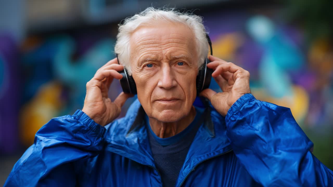 An elderly man in a vibrant blue jacket wearing headphones, immersed in music, stands against a colorful mural, showcasing a moment of contemplation and connection with sound in urban surroundings