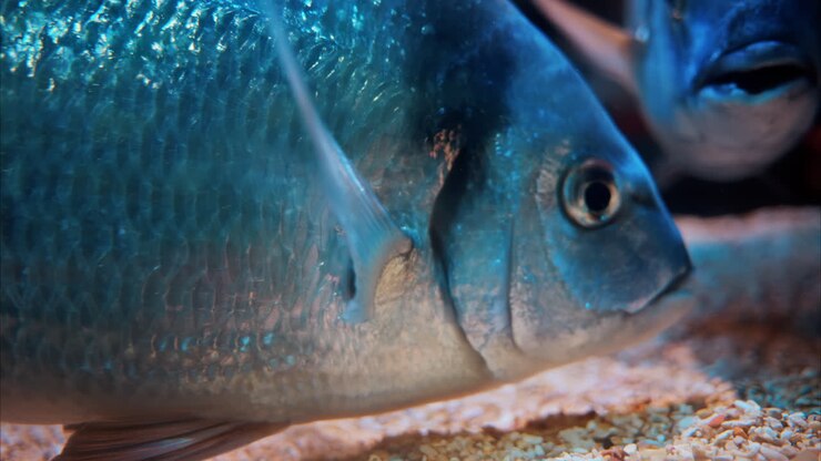 Nahaufnahme eines Diplodus vulgaris Fischs, der in der Nähe von Korallenriffen schwimmt