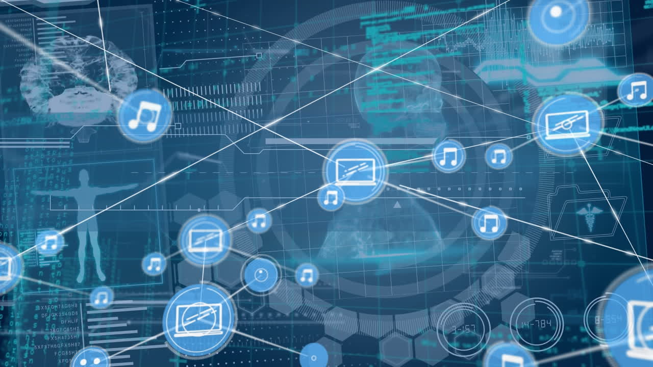 Animazione di una rete di connessioni con icone su elaborazione dati.