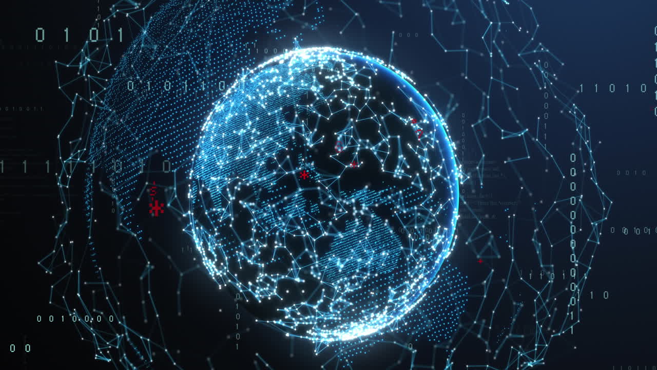 animación de puntos iluminados conectados que forman un globo y códigos binarios móviles