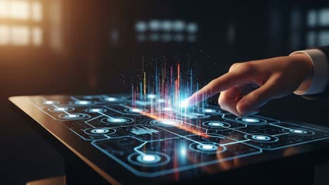 interactive technology visualization: a close-up of a user engaging with a digital interface, demonstrating touch-based control of data analytics and information processing