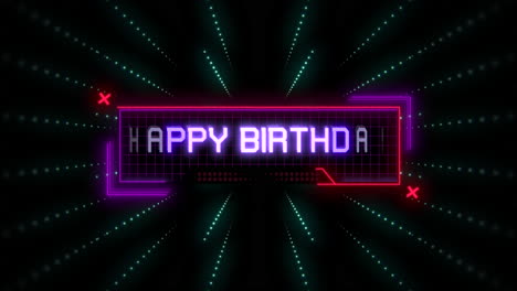 Letrero-De-Neón-Futurista-Estilo-Videojuego-De-Los-Años-80,-Feliz-Cumpleaños-Con-Líneas-Y-Vigas-Coloridas.