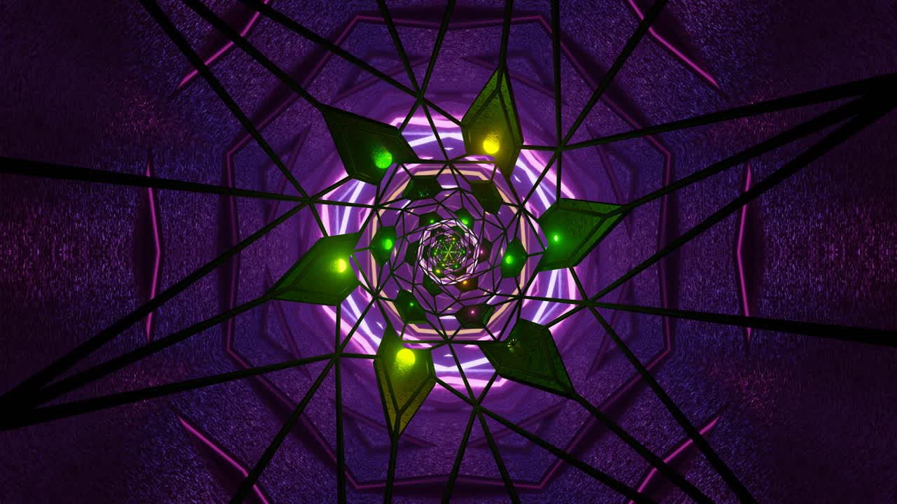 Dynamic patterns of shapes and colors spiral downward, creating a hypnotic loop. Bright hues and geometric forms engage the viewer in an endless visual journey of motion and light