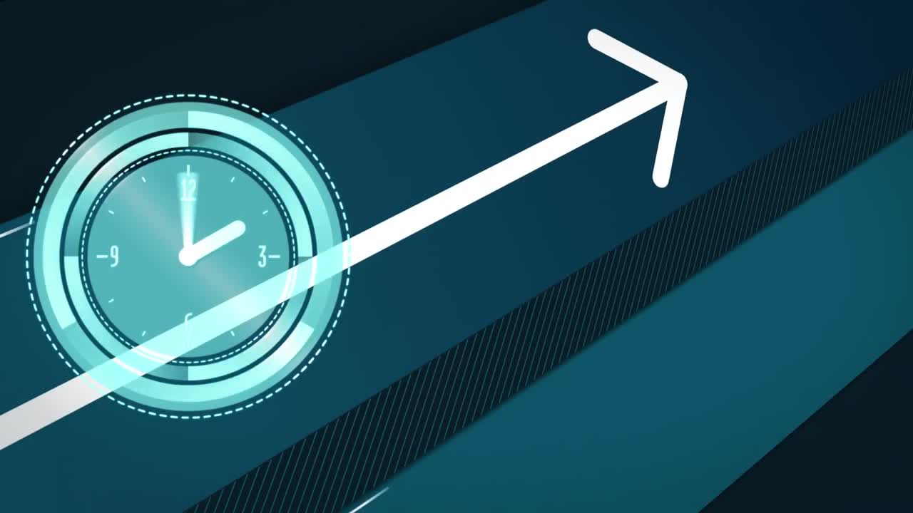 animación de reloj y flecha en movimiento sobre una red de conexiones sobre fondo negro