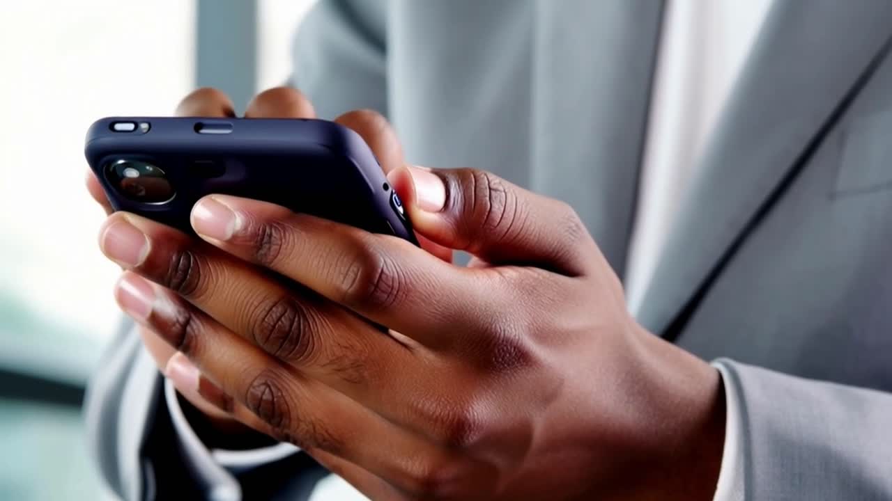 Closeup of Businessman's Hands Using a Modern Black Smartphone