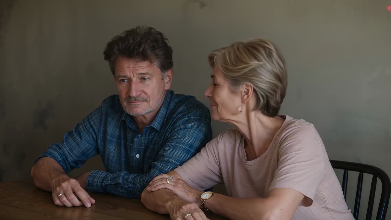 Donna che parla con un uomo in plaid blu a casa a un tavolo di legno, reagendo correttamente al suono