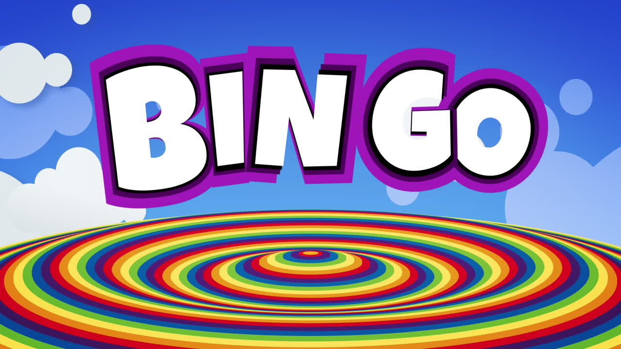 Animazione del testo 'Bingo' su cerchi arcobaleno