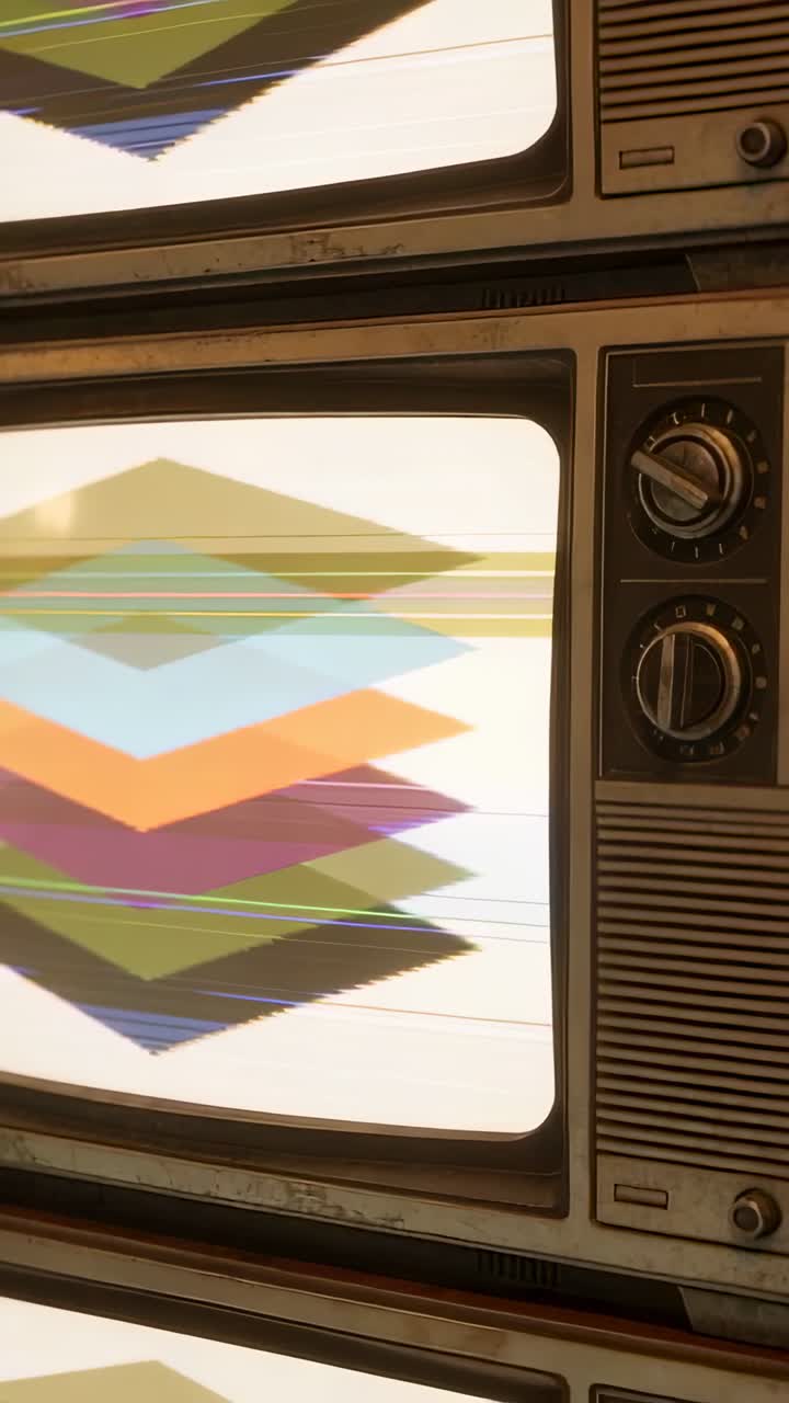 Video verticale: Telecamera panoramica che rivela una pila di TV CRT in una stanza retrò con animazioni e manopole.