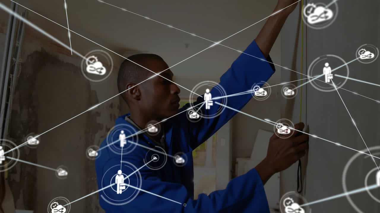 Man measuring wall with network of connections and data processing animation