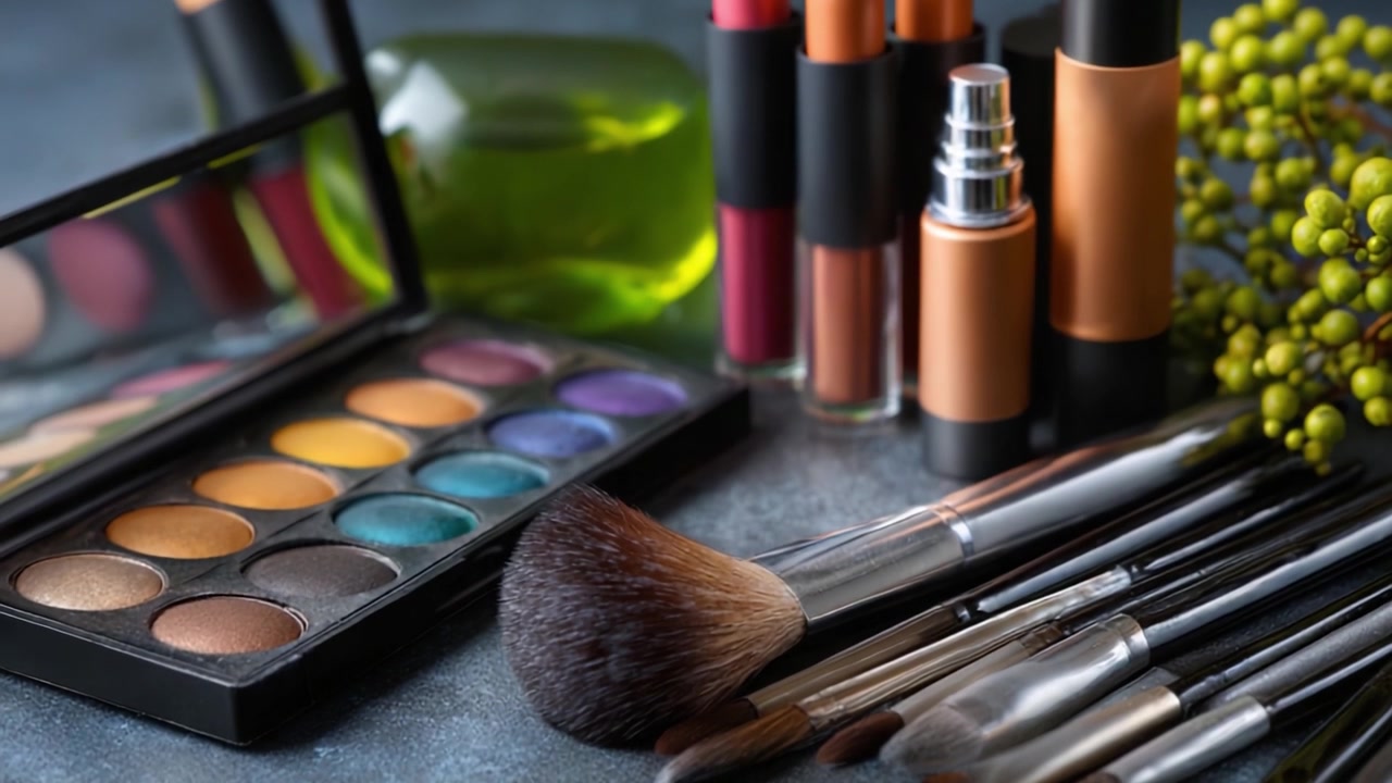 Vibrant Makeup Essentials Featuring Eyeshadow Palettes, Lip Colors, and Brushes for Perfect Beauty Looks - A Close-Up on Makeup Artistry and Tools