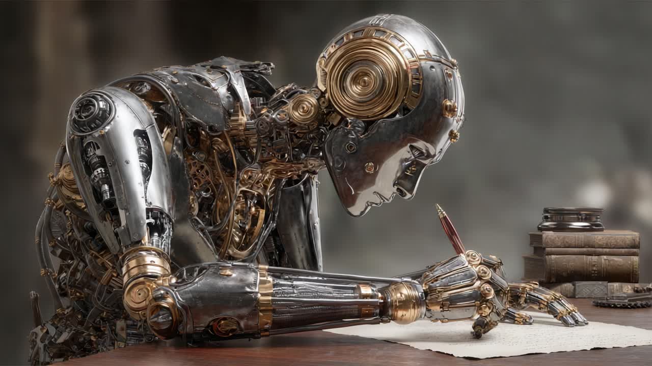 Un robot iperrealistico intento a scrivere: il connubio perfetto tra tecnologia e arte catturato in due fotogrammi.