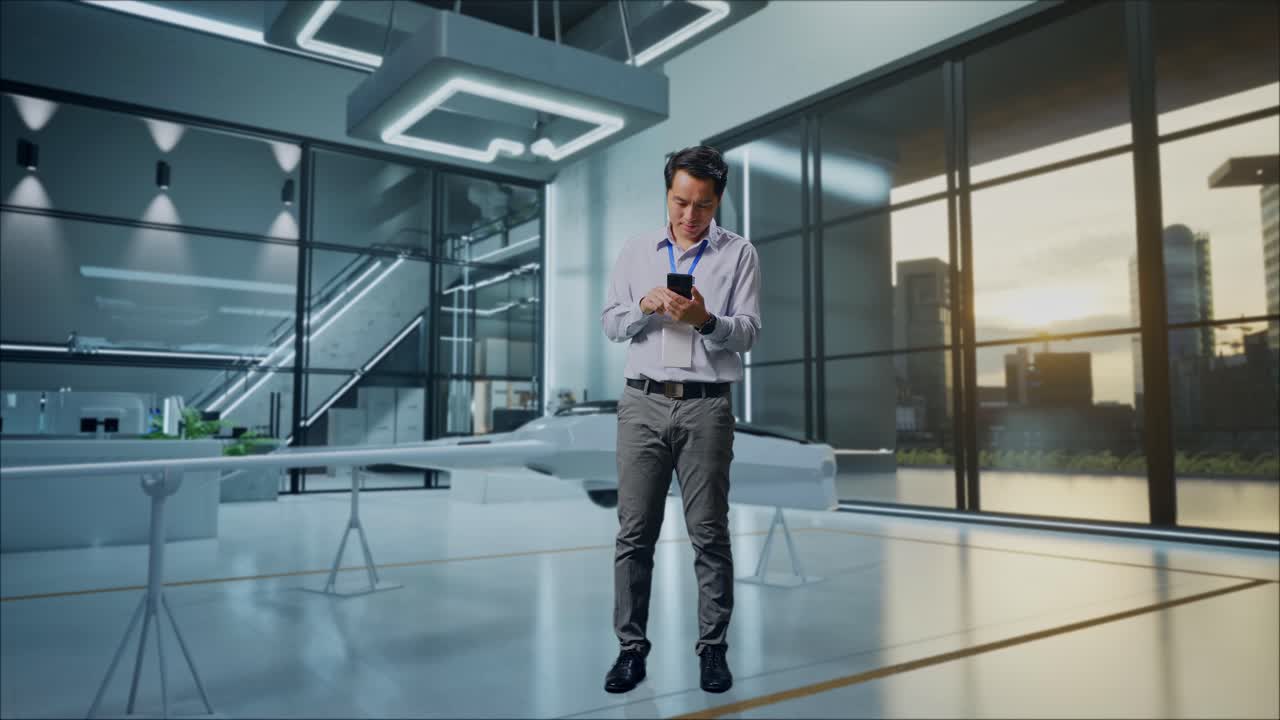 hombre usando un teléfono inteligente en una oficina o instalación de investigación futurista moderna.