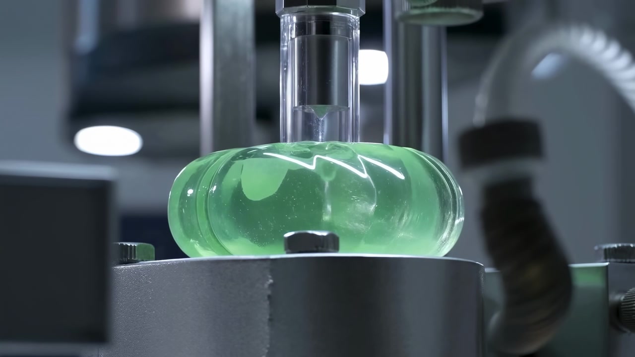 Close-up view of clear dispensing nozzle contacting top of translucent green scalloped container while glossy liquid deforms into meniscus and slight bulge around contact point, suspended air
