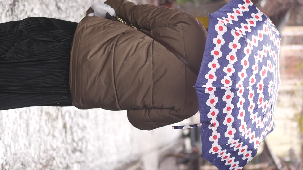 Woman walking in the snow with an umbrella