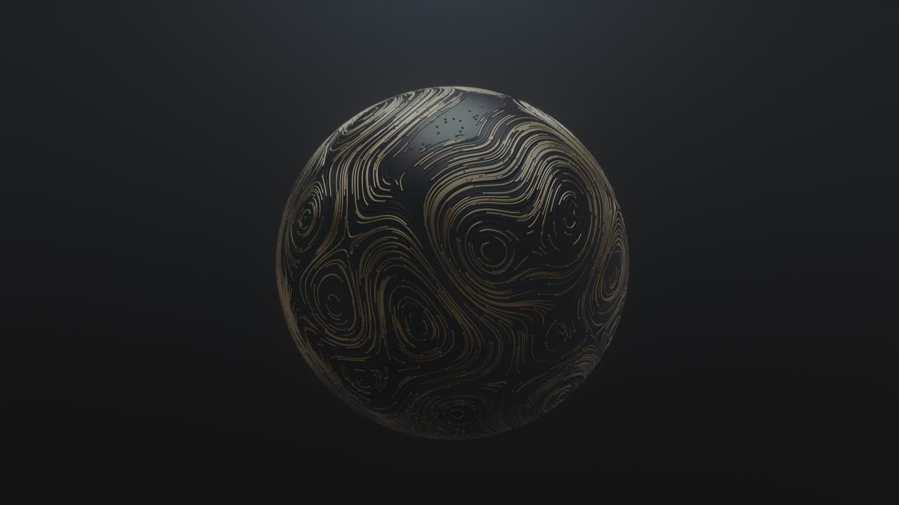 검은색 배경에 원형 지형 애니메이션 선과 입자가 있는 회전하는 금색 공