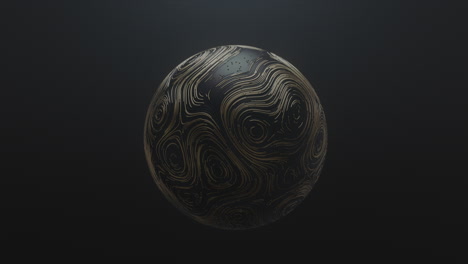 spinning golden ball with circular topographic animated lines and particles on black background