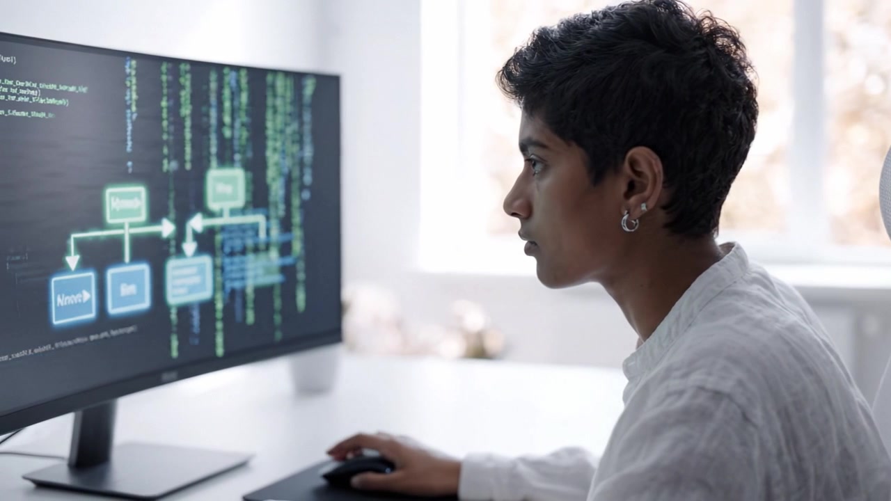 Fokusert programmerer analyserer kode og dataflyt på en moderne dataskjerm i et lyst arbeidsområde, opplyst av naturlig lys og minimalistisk design