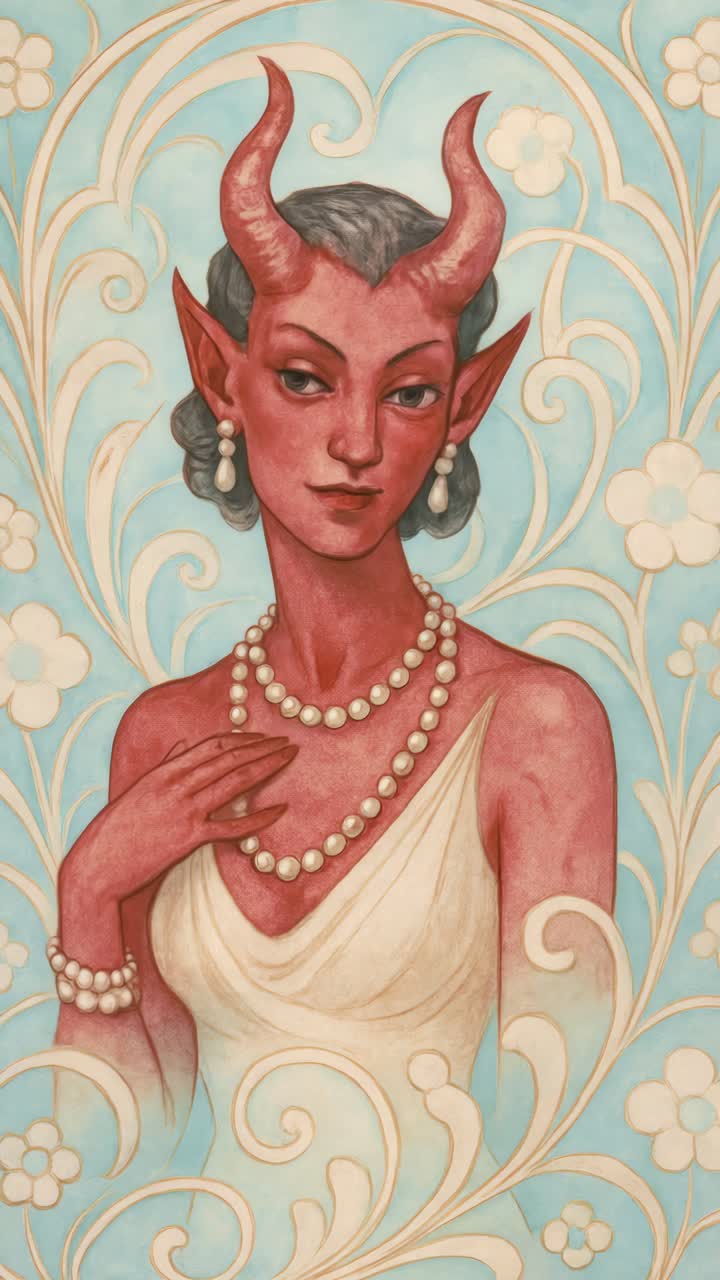 Um retrato em estilo vintage de uma mulher demônio de pele vermelha adornada com pérolas