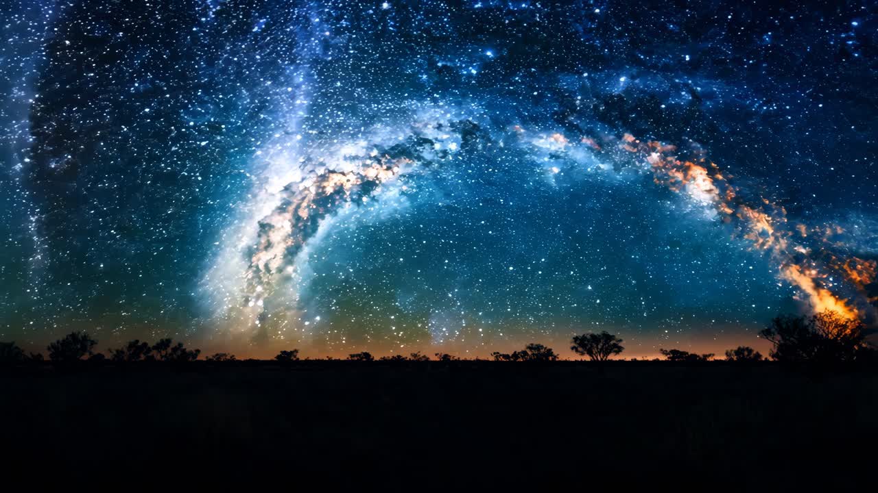 A large, curved, orange and white sky with a dark background. The sky is filled with stars and the horizon is dotted with trees