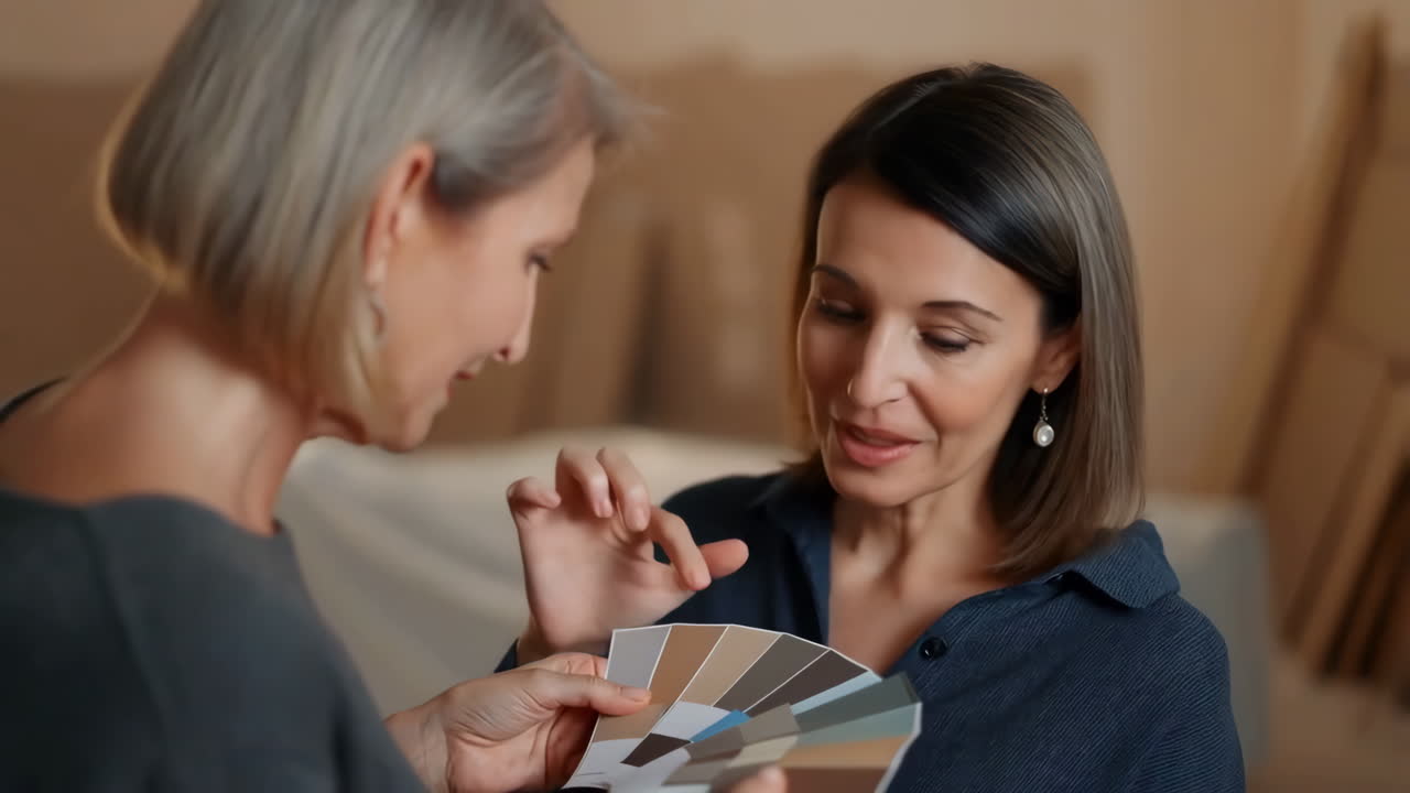 Two Women Choosing Paint Colors with a Color Palette for Home Renovation