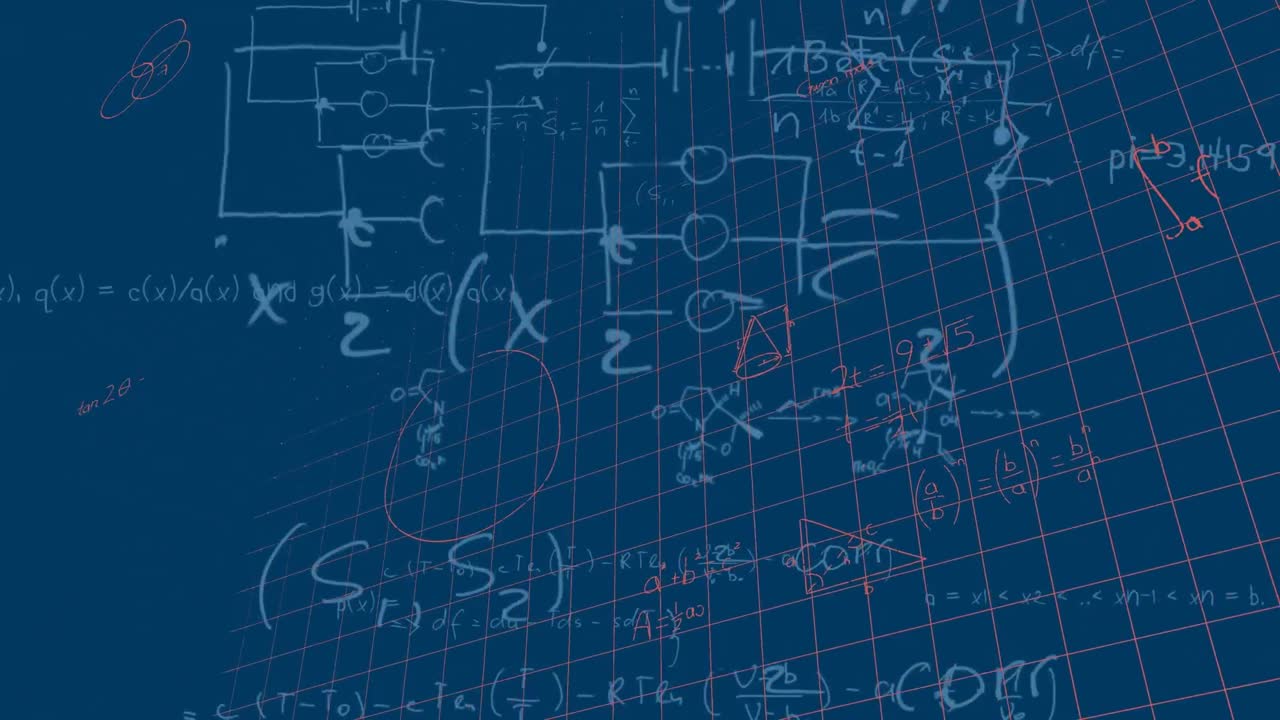 Animation of mathematical equations and diagrams floating over grid network against blue background