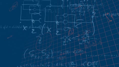 Animation-of-mathematical-equations-and-diagrams-floating-over-grid-network-against-blue-background
